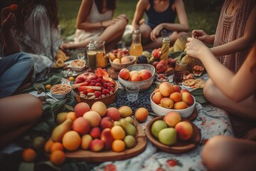 A group of friends gathering for a nutritious and delicious picnic in a lush park, with a variety of colorful fruits, vegetables, and wholesome snacks spread out on a cozy blanket . Generative AI. 