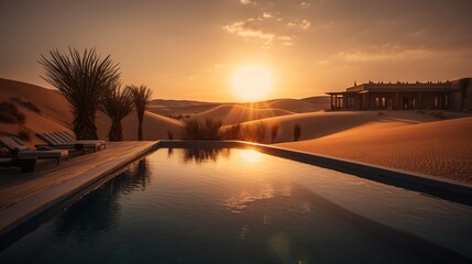 Fototapeta na wymiar A luxurious infinity pool in a desert resort, with dunes and a dramatic sunset in the backdrop . Generative AI. 