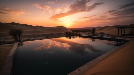 Obraz na płótnie Canvas A luxurious infinity pool in a desert resort, with dunes and a dramatic sunset in the backdrop . Generative AI. 