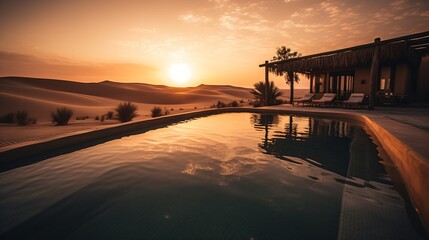 A luxurious infinity pool in a desert resort, with dunes and a dramatic sunset in the backdrop . Generative AI. 