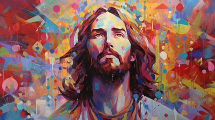 A painted portrait of Jesus, Colorful, Wallpaper, Generative AI
