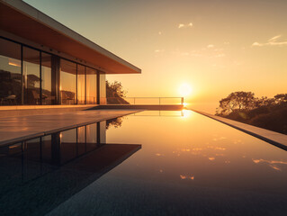 A modern infinity pool adjacent to a minimalist villa, reflecting the setting sun and casting beautiful shadows . Generative AI. 