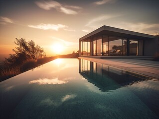 A modern infinity pool adjacent to a minimalist villa, reflecting the setting sun and casting beautiful shadows . Generative AI. 