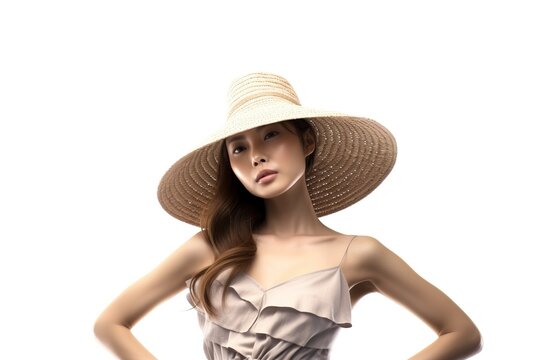 Portrait asian woman wearing straw hat made with Generative AI