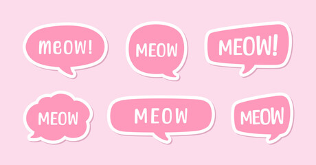 MEOW speech bubble set sticker design. Meow text. Cute hand drawn quote. Cat sound hand lettering. Doodle phrase. Vector illustration for print, sticker sheet, card, poster etc.