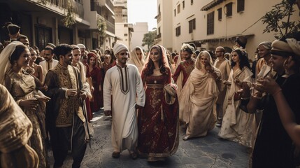 A traditional Arab wedding procession, with the bride and groom in ornate outfits, and guests celebrating with music and dance .  - obrazy, fototapety, plakaty