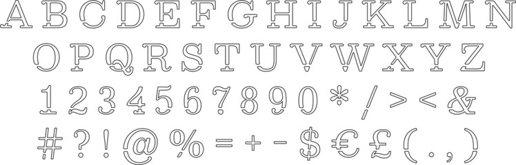 Black classic line style alphabet set. Vector decorative typography. Decorative typeset style. Latin script for headers. Trendy letters and numbers for graphic posters, banners, invitations texts