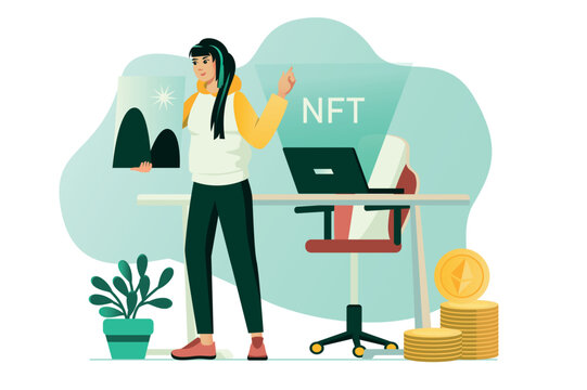 NFT concept with people scene in the flat cartoon style. The girl studies all the details of the NFT business. Vector illustration.
