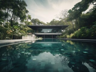 A tranquil infinity pool in a spa resort, surrounded by lush greenery and Zen-inspired architecture . Generative AI. 