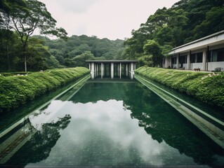 Fototapeta premium A tranquil infinity pool in a spa resort, surrounded by lush greenery and Zen-inspired architecture . Generative AI. 