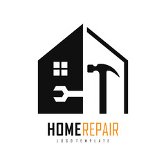 Home repair logo template design. Home silhouette with tools hammer and wrench icon isolated on white background