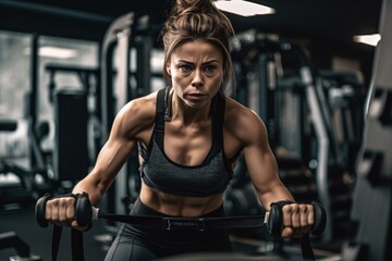 Fototapeta na wymiar A woman doing a vigorous workout at a well-equipped home gym, surrounded by motivational quotes and fitness equipment, as she pushes herself to achieve her fitness goals . Generative AI. 