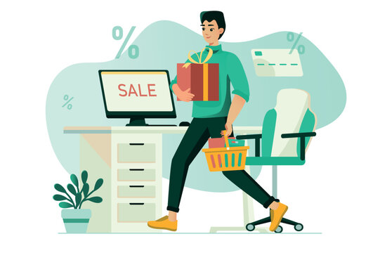 Shopping concept with people scene in the flat cartoon design. The guy bought a lot of new things in the online store. Vector illustration.
