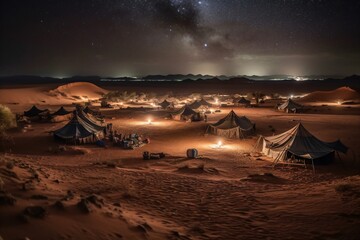 An enchanting night in the desert with traditional Bedouin tents under the clear starry sky . Generative AI.  - obrazy, fototapety, plakaty