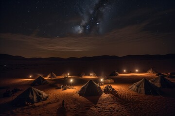 Fototapeta na wymiar An enchanting night in the desert with traditional Bedouin tents under the clear starry sky . Generative AI. 
