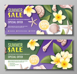 Set of summer banners with plumeria and seashells. Discount coupon, special summer offer. Background, banner with seashells and frangipani flowers.