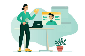 HR concept with people scene in the flat cartoon style. The recruiter reviews the resumes of various candidates for the position. Vector illustration.