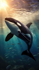 an orca whale is swimming under the water in an underwater sun setting, in the style of photorealistic renderings - AI generative