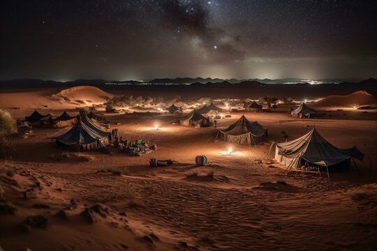 An enchanting night in the desert with traditional Bedouin tents under the clear starry sky . Generative AI. 