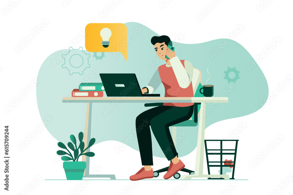 Poster workflow concept with people scene in the flat cartoon style. the employee actively performs all tas