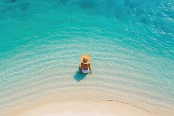 Aerial view of slim woman sunbathing on beach in Maldives. Generative AI - obrazy, fototapety, plakaty