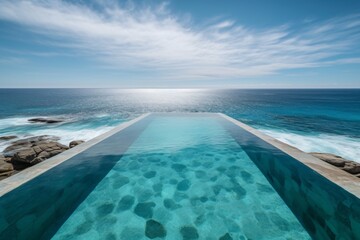 An infinity pool merging seamlessly with a turquoise ocean, under the clear blue sky, creating a sense of boundlessness . Generative AI. 