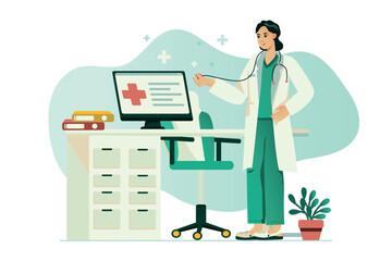 Hospital concept with people scene in the flat cartoon design. The doctor prepares his workplace for receiving patients. Vector illustration.