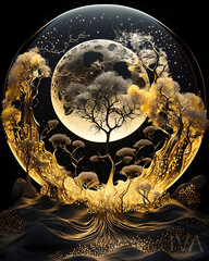 a big beautiful moon in golden glittering decorative objects black background ai generated