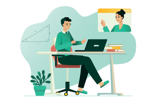 Distance learning concept with people scene in the flat cartoon design. The boy studies geometry according to the teacher's online explanations. Vector illustration.