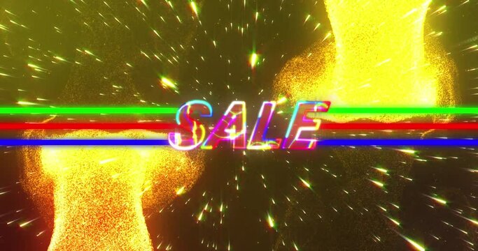 Animation of sale text in colourful letters with green, red and blue lines over yellow particles