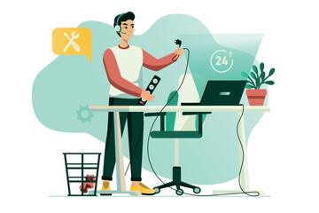 Tech support concept with people scene in the flat cartoon design. A technical support worker came to fix the electricity. Vector illustration.
