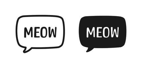 MEOW speech bubble silhouette and outline set. Cute hand drawn text quote. Animal sound doodle phrase. Vector illustration for print on shirt, card, poster etc.