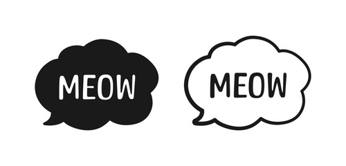 MEOW speech bubble thought cloud silhouette and outline set. Cute hand drawn text quote. Animal sound doodle phrase. Vector illustration.