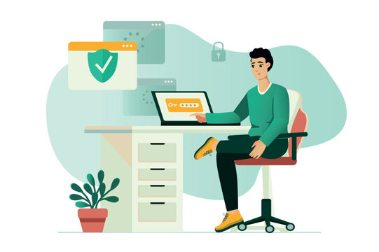 Cyber security concept with people scene in the flat cartoon design. The technical worker is engaged in the protection of online data. Vector illustration.