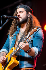 A handsome musician playing guitar and singing in concert. (AI-generated fictional illustration)
