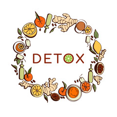 Detox time. Concept with summer fruits grapefruit, ginger, lemon, citrus, cleansing tea.Circle composition with doodle drawings for vegan menu, healthy food bar. Vector illustration