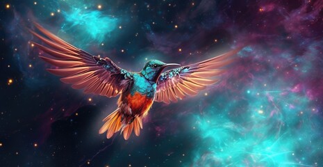 Magical little bird against the backdrop of space