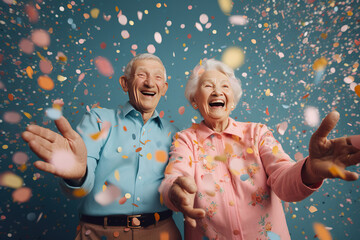 Happy pensioners couple, celebrating aaniversary. Confetti falling, happy. Ai generative. Illustration