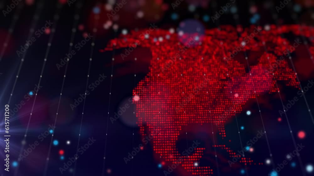 Poster digital map of north america in the form of a bright glowing particle composition. big data virtual 