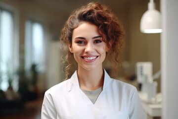 Beautiful dentist smiling at camera while standing at dental clinic. - obrazy, fototapety, plakaty