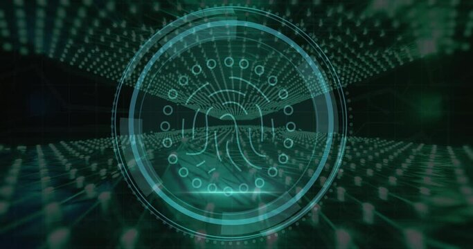 Animation of cyber security text, blue scope and fingerprint over glowing blue lights - Powered by Adobe