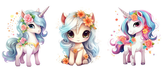 Cute Fairy Unicorn, Watercolor Unicorn. Generative AI