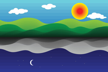 Fototapeta na wymiar Illustration of the sun moon lover with gradient mountain, Day and night background concept.