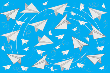 Illustration the abstract of paper airplane with line on blue background.