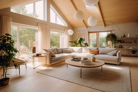 Modern living room with big window, super photo realistic background. Generative ai illustration