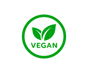 Vegan food icon. Organic, bio, eco symbols. Round green vector illustration with leaves for stickers, labels, and logos