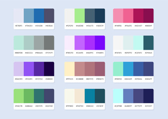 Pantone colour palette catalog samples in rgb hex. Color swatch.