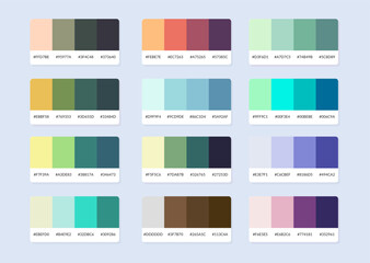 Pantone colour palette catalog samples in rgb hex. Color swatch.