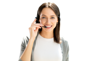 Female customer support operator with headset and smiling on a transparent background