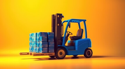 Modern forklift truck with boxes on wooden pallet on yellow background, Logistics, Logistics Business.